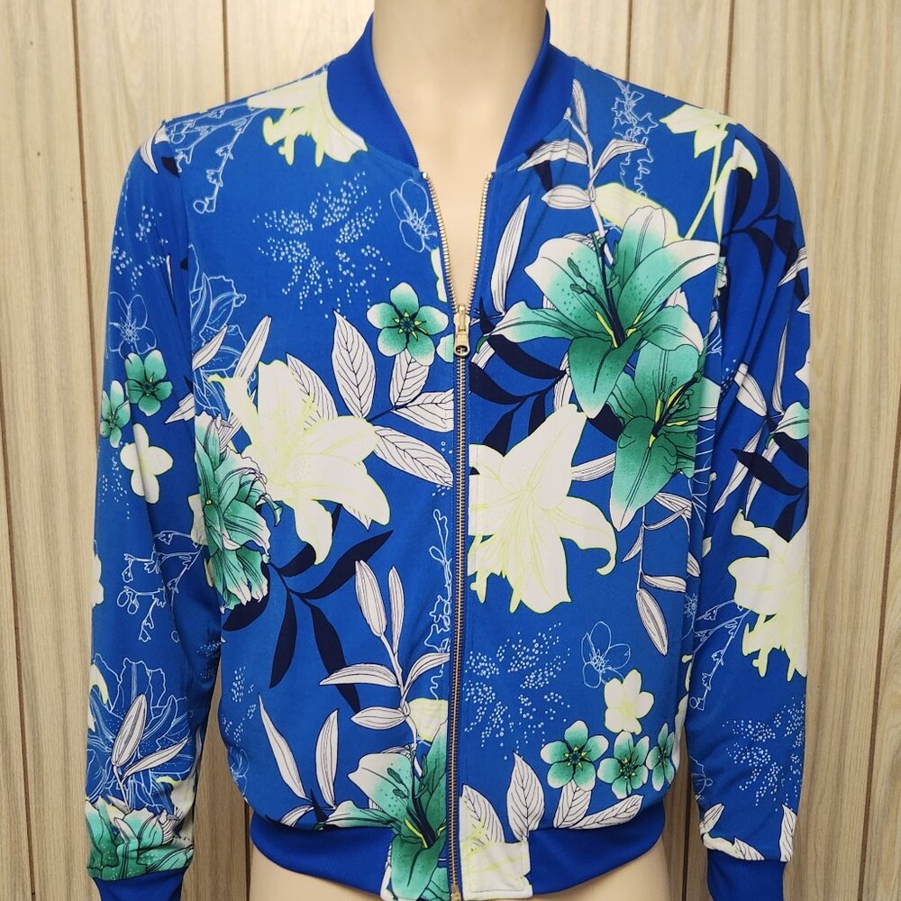 IMAN jacket L bold blue tropical floral women's zip front NWT